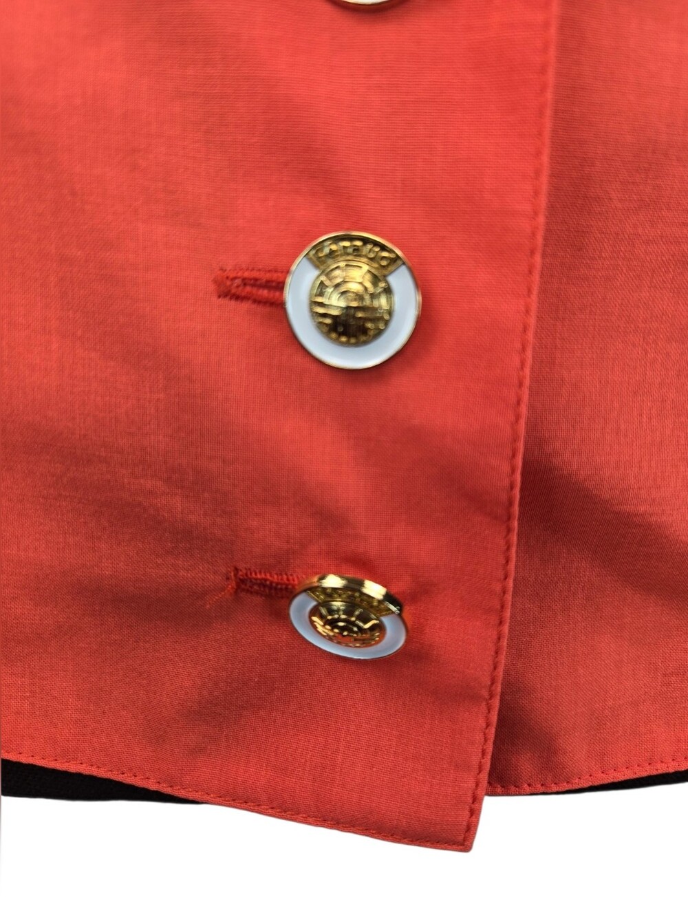Louis Feraud Coral Cotton Peplum Blouse Tie Back Gold Logo Buttons US 12 - Picture 6 of 12